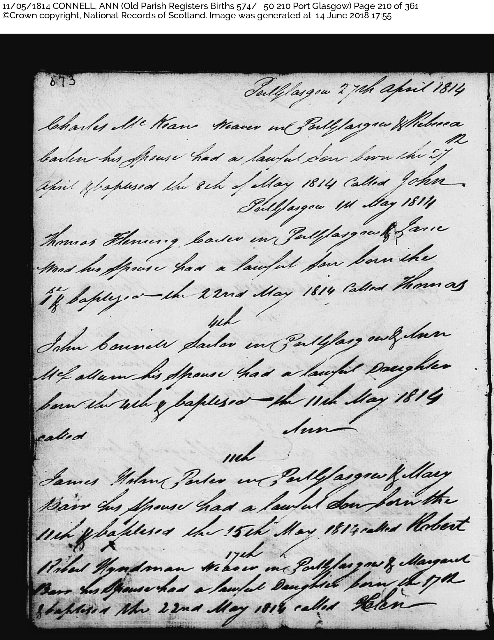 AnnConnel_B1814 Port Glasgow, May 1814, Linked To: <a href='i2561.html' >Ann McCallum</a> and <a href='i2558.html' >John Connell 🧬</a>